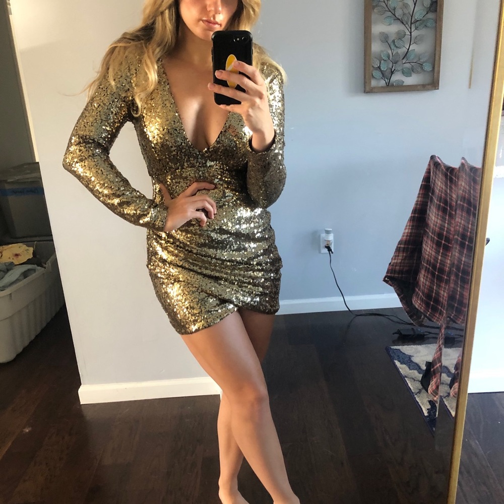 Gold sequin New Year’s Eve dress!